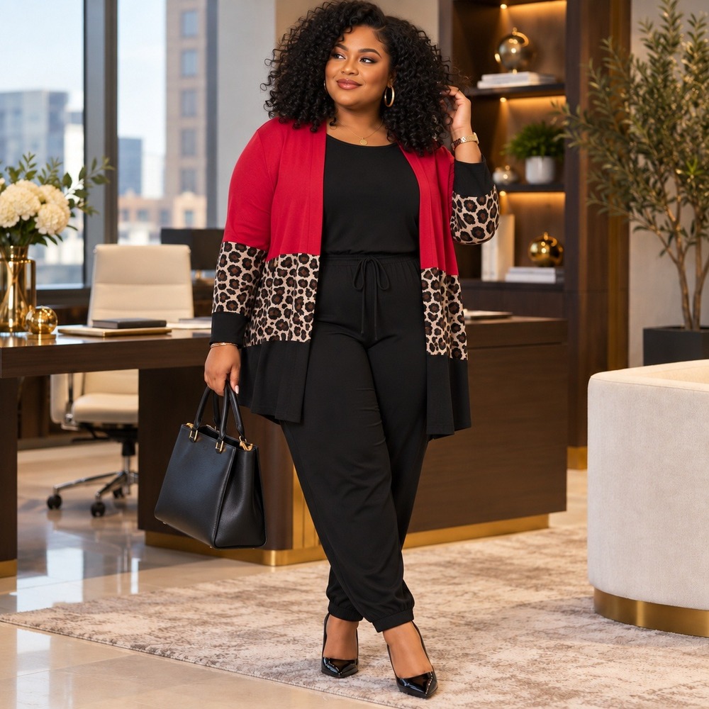 98. 1X Set Animal Print Haptics cardigan & XXL Black Jumpsuit | Party, Office